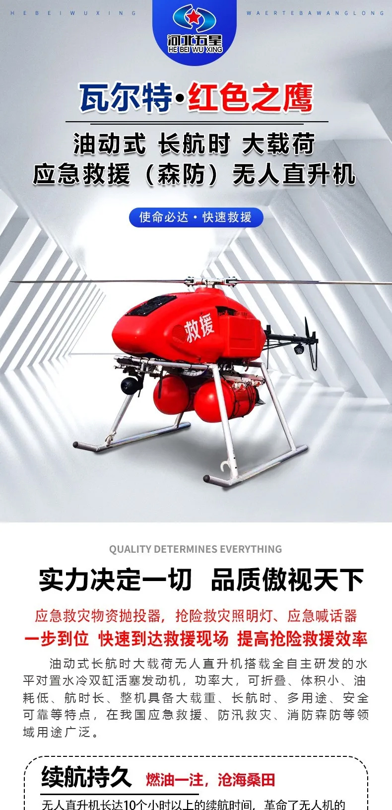 澳门官网游戏app“瓦尔特·红色之鹰”油动式大载荷长航时应急救援无人直升机